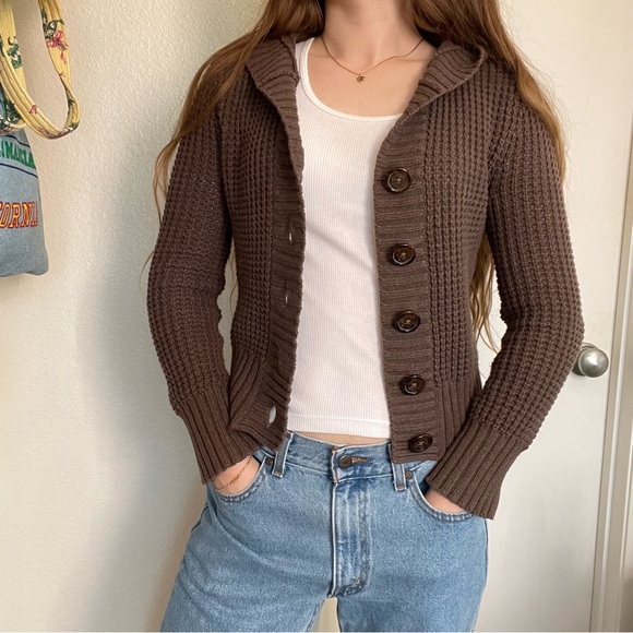 Y2K AEROPOSTALE BROWN KNIT CARDIGAN SWEATER WITH HOOD✨ - Picture 2 of 8